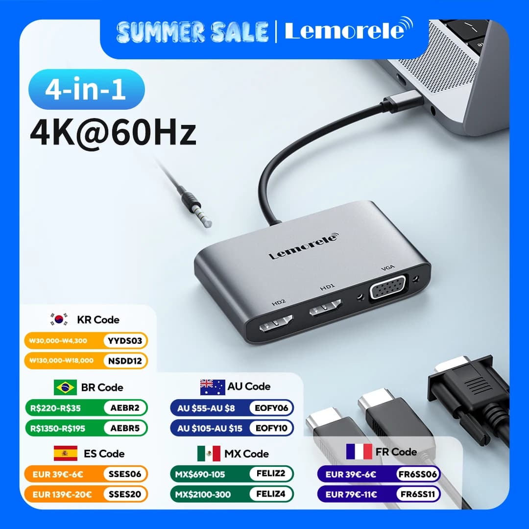 Lemorele 2 IN 1 USB C Hub a Dual HDMI 4K 60HZ Doppio schermo di espansione Tipo C VGA Docking Station per MacBook Laptop Tablet PC