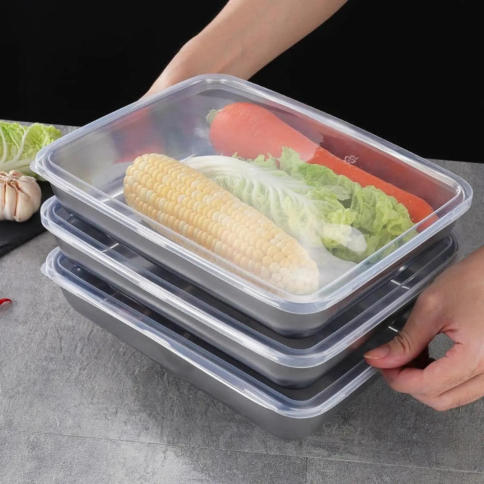 Set di 3 Contenitori per Alimenti in Acciaio Inox con Coperchi, Ermetici, per Casa, Cucina, Preparazione Pasti e Campeggio