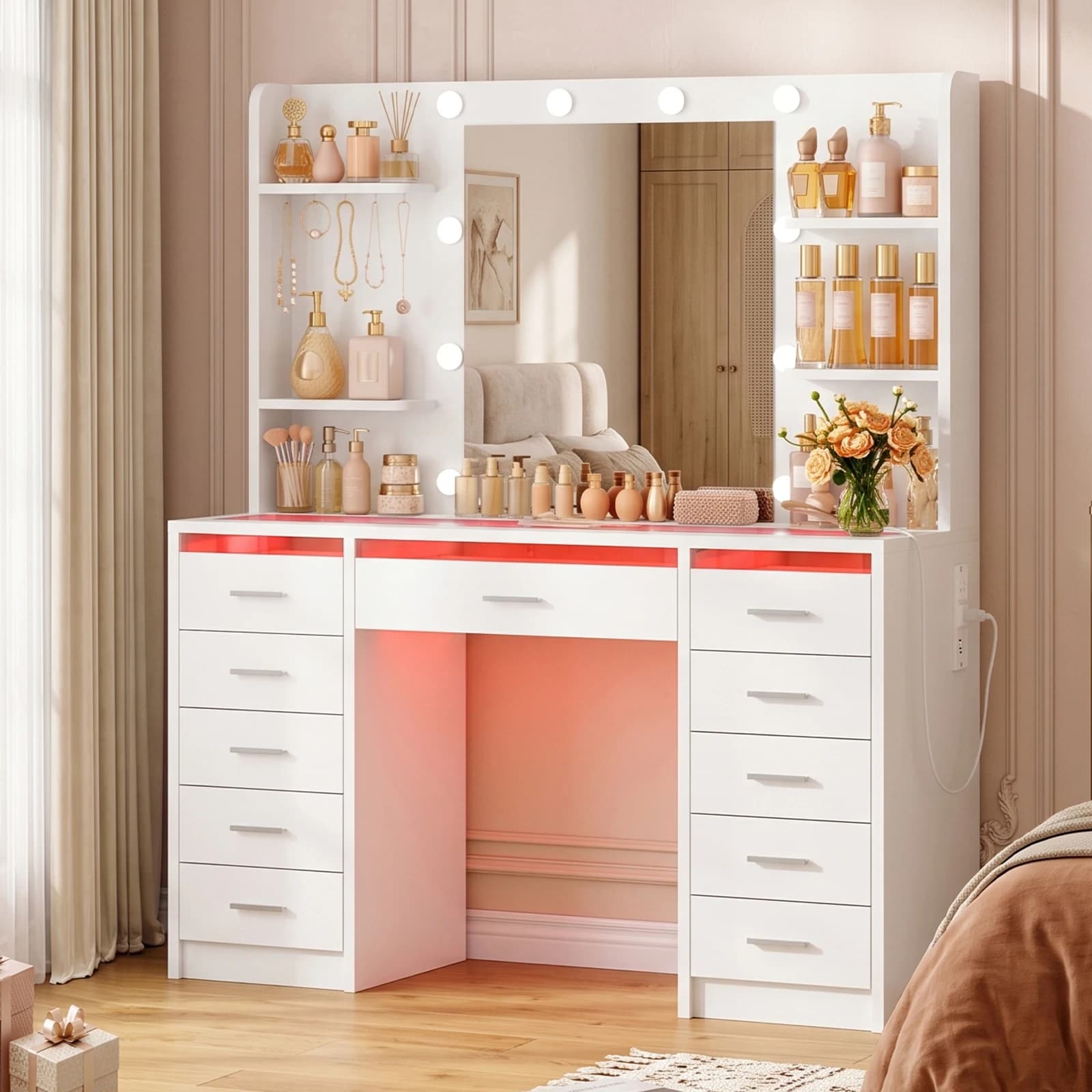 Makuep Vanity Desk with Charging Station, RGB LED Strip, 11 Drawers Glass Top Makeup Dressing Table for Bedroom,White