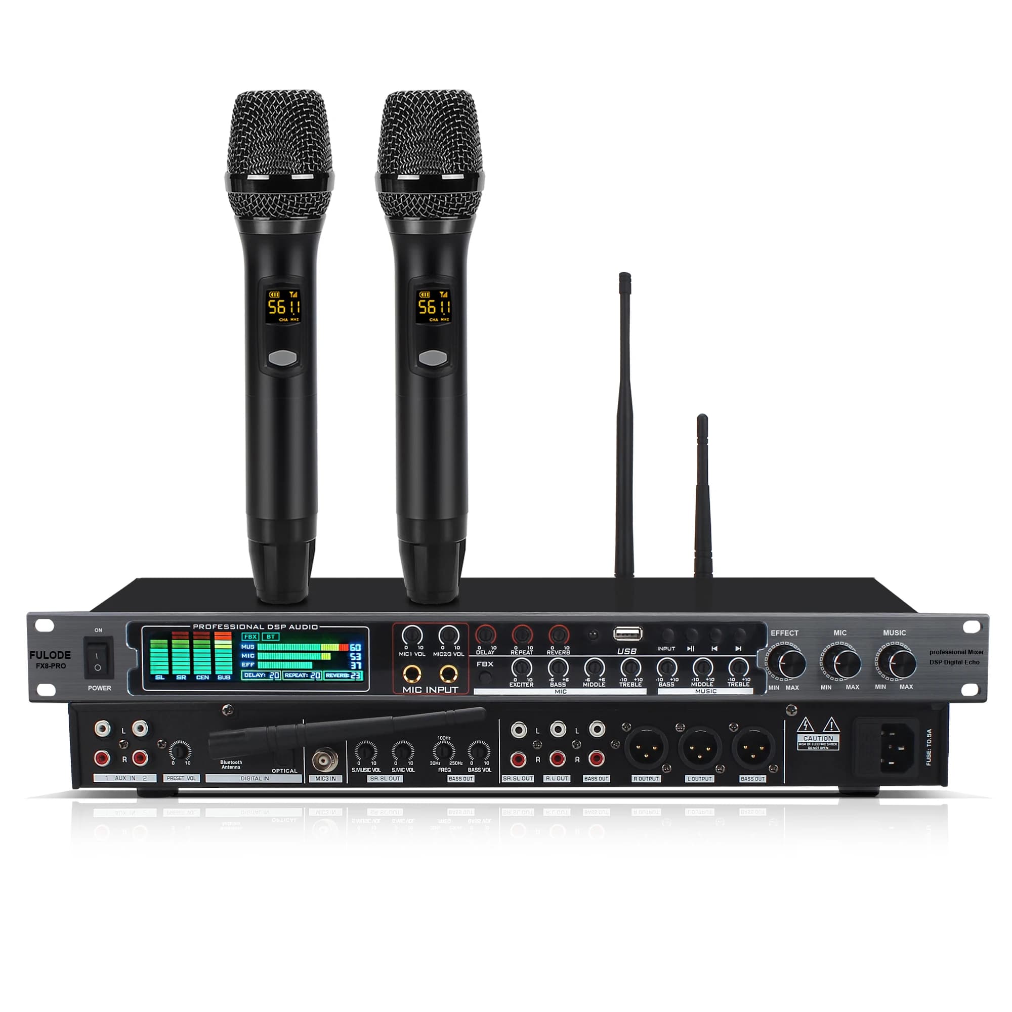 Mixer DSP FX8-PRO con FBX Anti-Feedback, Ingresso Bluetooth/USB/Ottico, Display LCD, Controllo Eco/Riverbero, Mixer Karaoke a 2 Microfoni