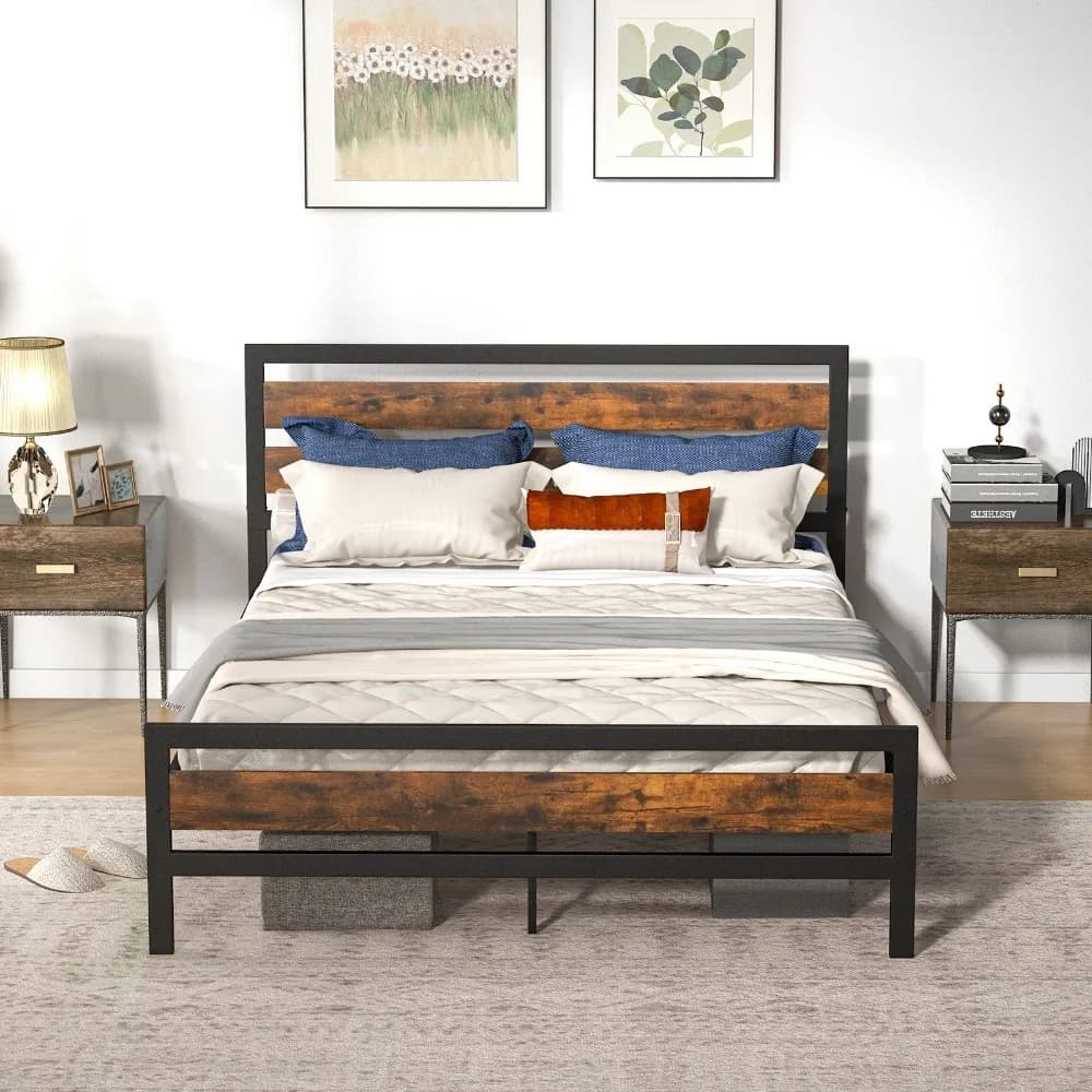 Industrial metal bed frame with rustic headboard, Queen mattress base