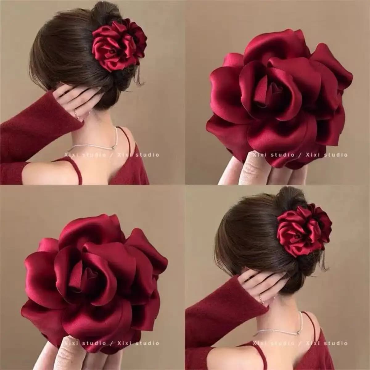 Artiglio per capelli fiore 3D con clip di squalo rosa rossa di lusso francese con artiglio per capelli dal design antiscivolo per capelli spessi/sottili