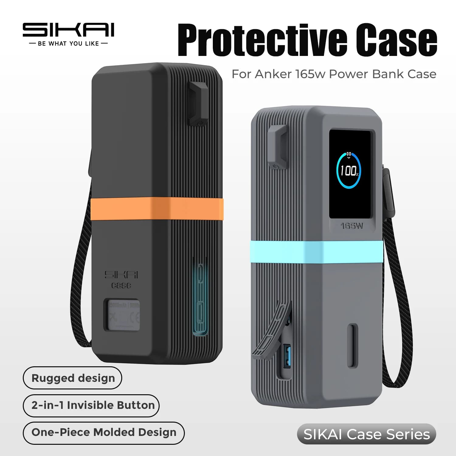 Custodia in silicone SIKAI per Power Bank Anker Zolo 165W (25000mAh) antiurto con anello organizer cavi e foro per laccetto