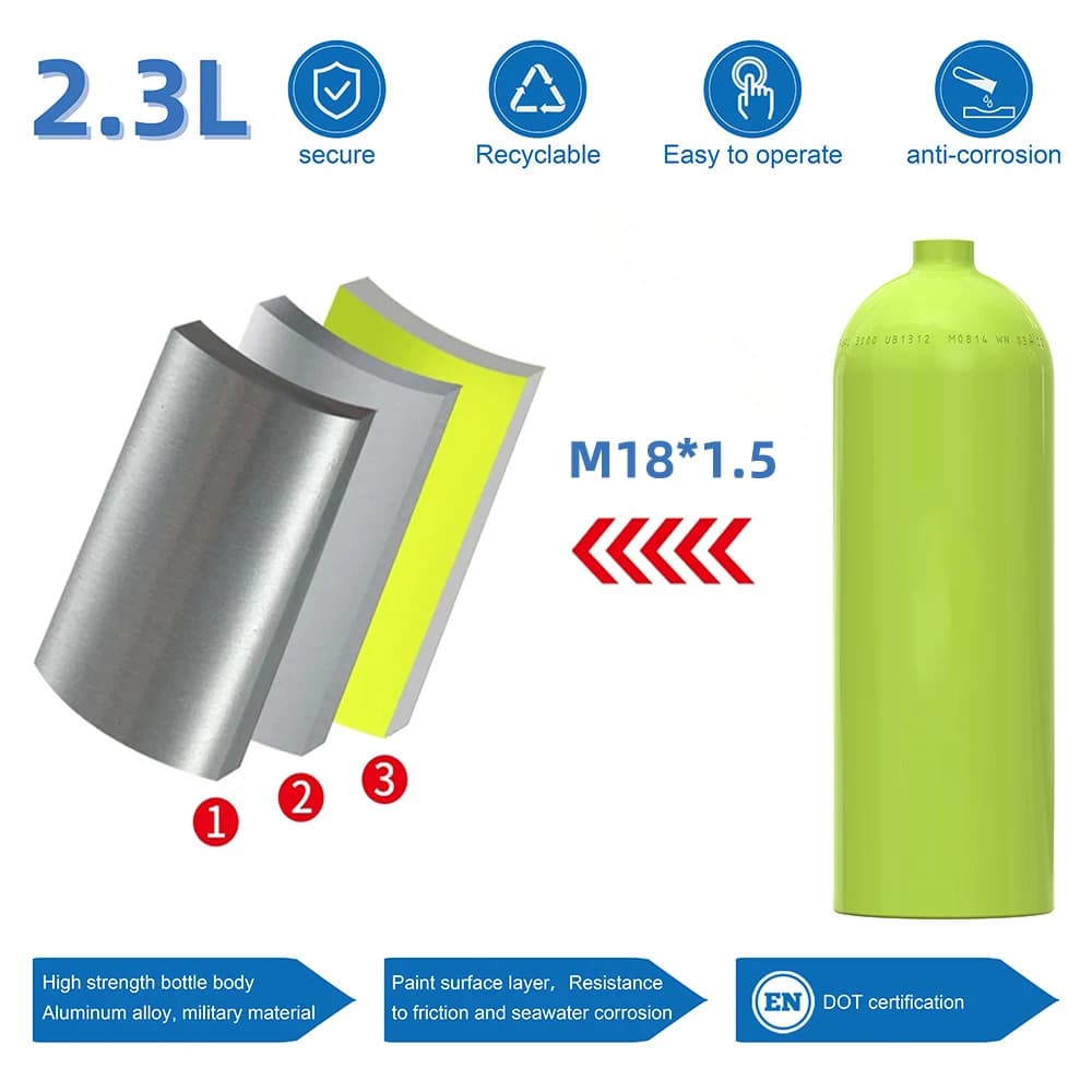 Bombola di CO2 in Alluminio da 2,3L 300bar 4500Psi, Serbatoio d'Aria per Acquario, Filettatura M18x1.5, Bombola ad Alta Pressione per Ossigeno e Bevande Gassate