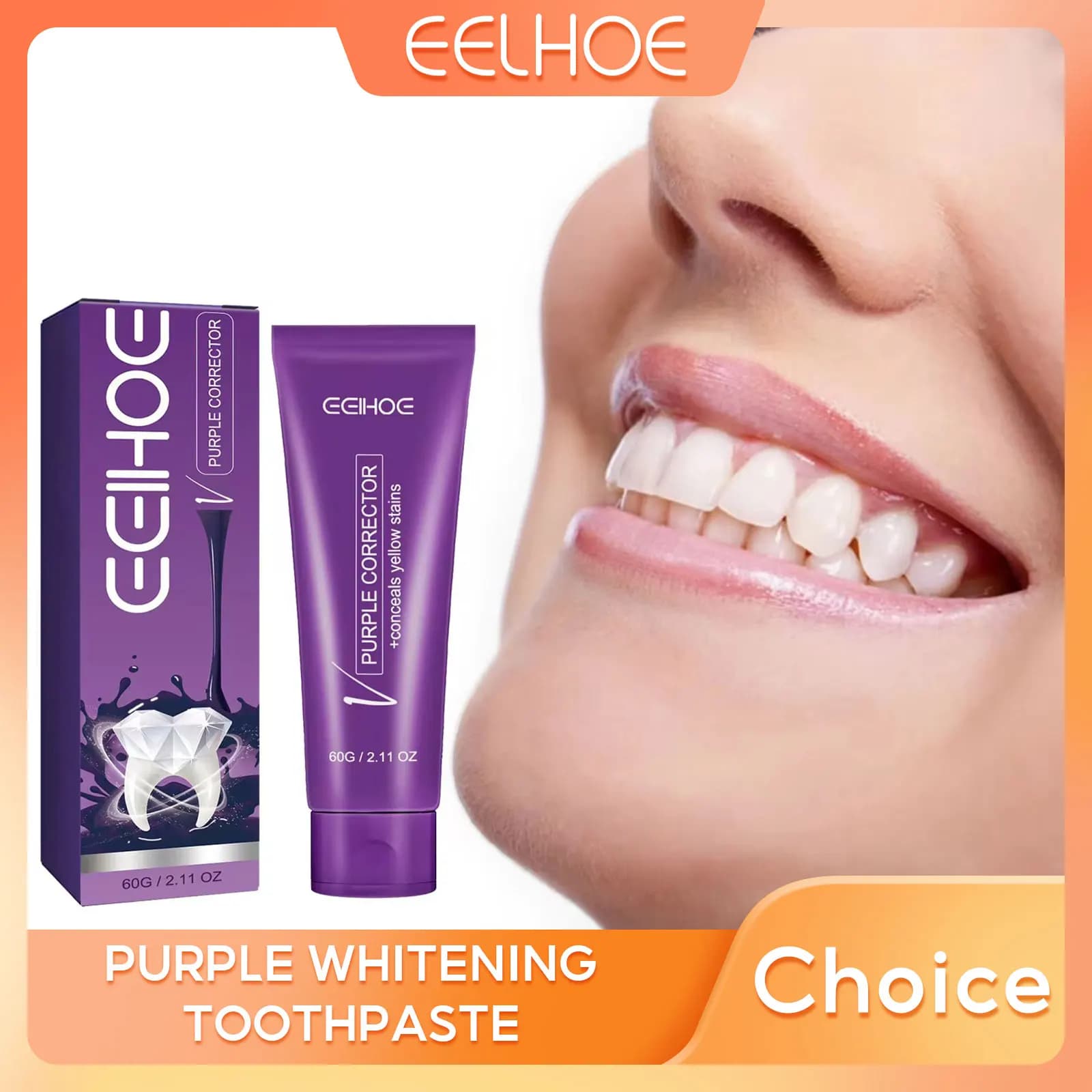Sbiancamento dei denti dentifricio viola pulizia orale macchie illuminare rimozione dei denti gialli alitosi igiene dentale correzione del colore