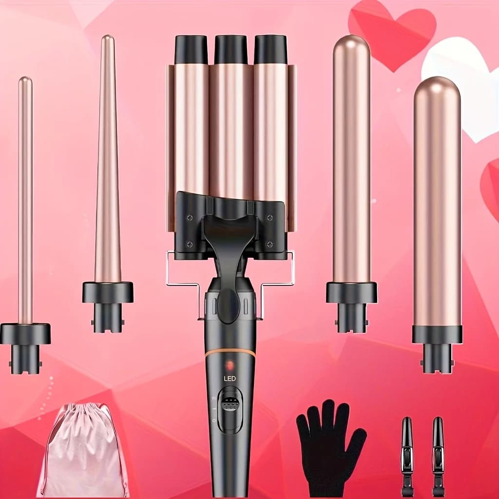 BESTOPE PRO Waver Curling Iron - Iron for hair 3 barrels, set of curling rods 5 in 1, quick-heating hair wand with 2 clips,