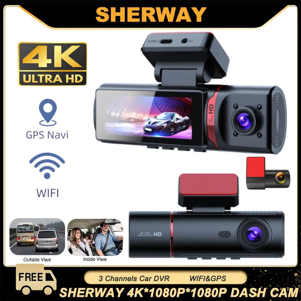 DVR per auto a 3 canali UHD 4K 3 obiettivi all'interno del veicolo Dash Cam Telecamera a tre vie DVR Registratore Video Registratore GPS Dashcam Videocamera