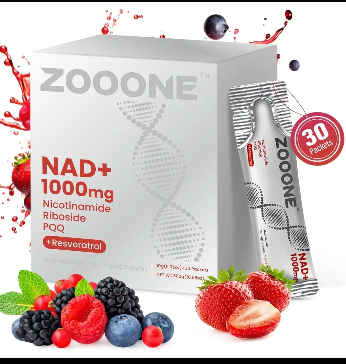 ZOOONE NR1000-NAD + Berry Flavor Drink Mix 30-Pack for Skin Aging Support, Energy, and Focus - Vitamin Supplement Healthcare