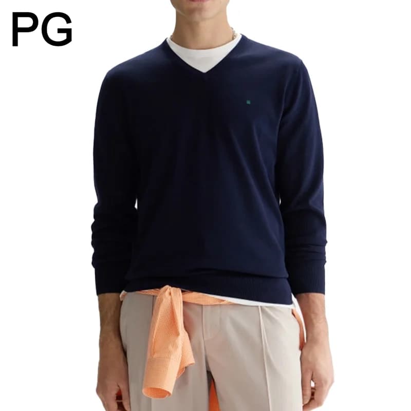 Maglione da uomo PG con scollo a V, tinta unita, a maniche lunghe, casual, minimalista, con piccolo logo, per l'ufficio e l'uso quotidiano