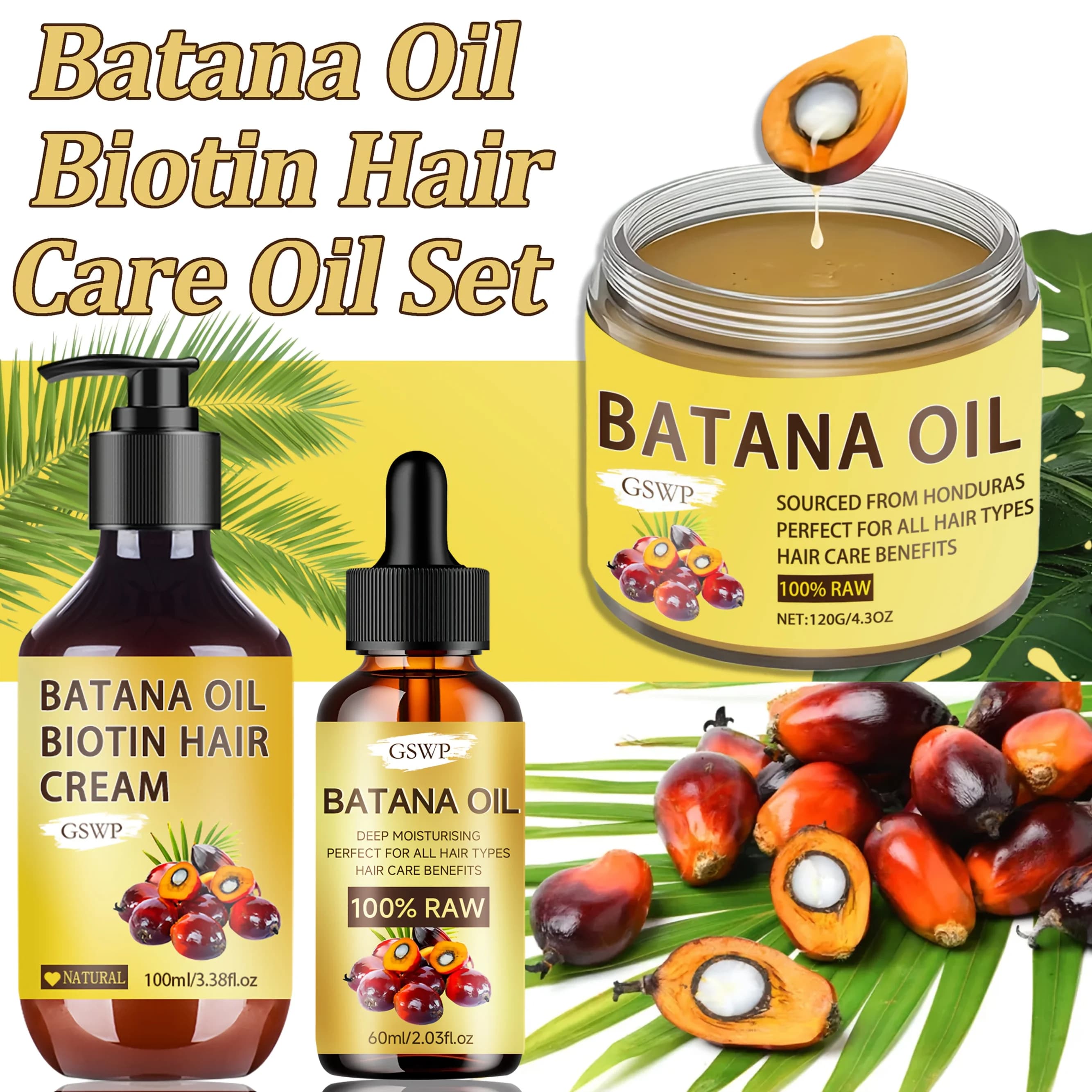 Set di oli per capelli GSWP Batana Oil Biotin: idrata in profondità, combatte l'effetto crespo ed è adatto a capelli secchi e danneggiati. 120g+100ml+60ml