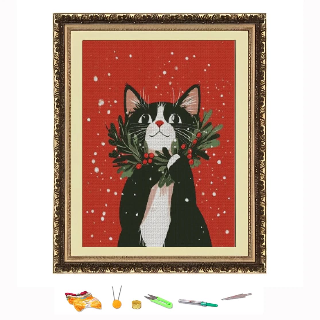 Kit da ricamo a punto croce Kit da ricamo fai-da-te per gattino di Natale dei cartoni animati Decora stampato su tela11CT