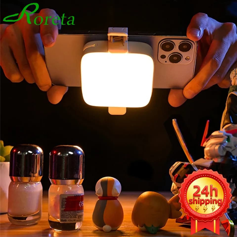 Mini two-tone LED light with cold shoe attachment for camera, camcorder, vlog, removable photo light with rear cell phone clip