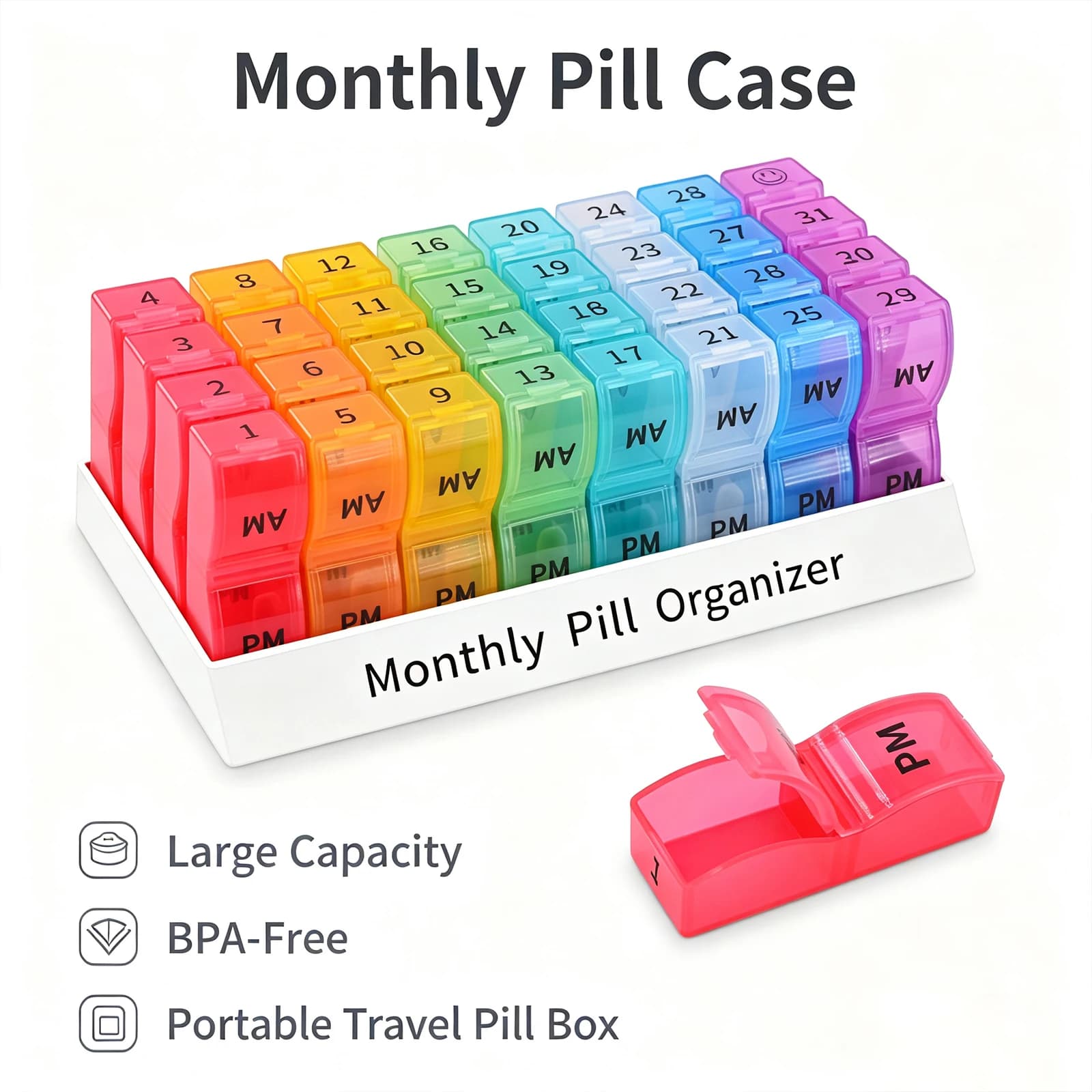Monthly Pill Box Pill Storage Box Organiser 2 Times A Day Medicine Box, Portable Travel Pill Organizer, Hold Vitamins, Supplements, Medication