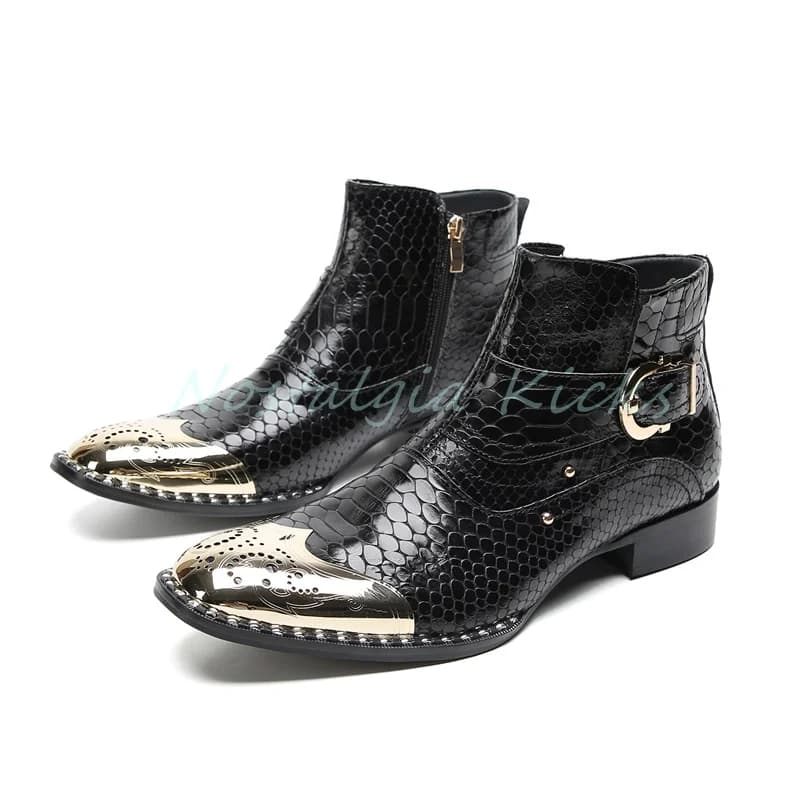 Stivaletti da uomo alla moda con motivo pelle di serpente nero Stivaletti Chelsea con punta in metallo dorato e cinturino con cerniera laterale Botas in pelle casual