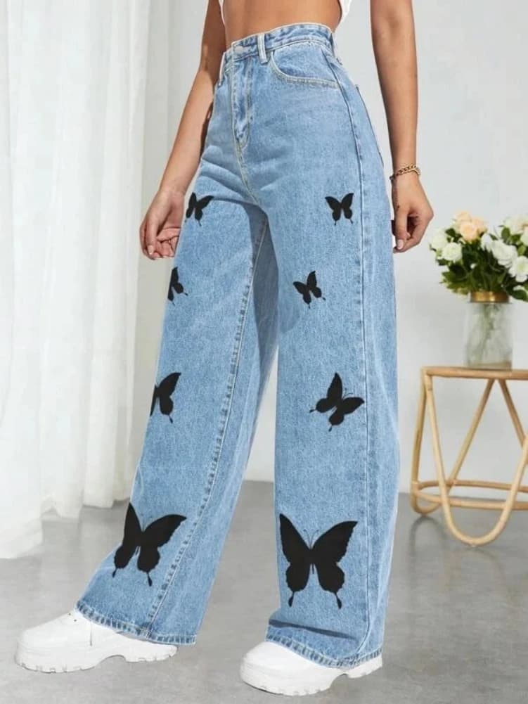 2023 Pantaloni autunnali a vita alta con stampa a farfalla Y2K Jeans per le donne Moda Denim allentato Pantaloni a gamba dritta Abbigliamento casual XS-L