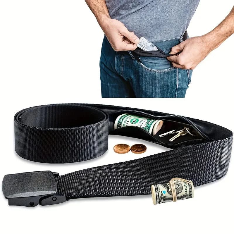 Black sports belt for men and women - Adjustable workout belt with inner pocket, gym ride and weight lifting support