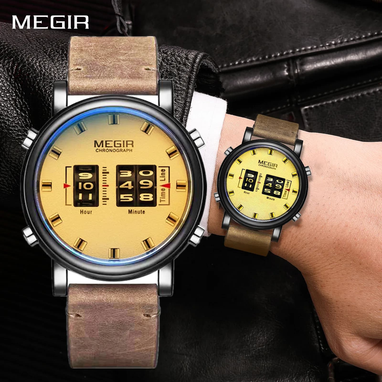 MEGIR Fashion Military Sport Watches for Men Leather Strap Roller Quartz Wristwatches Waterproof Casual Large Dial Watch Clock
