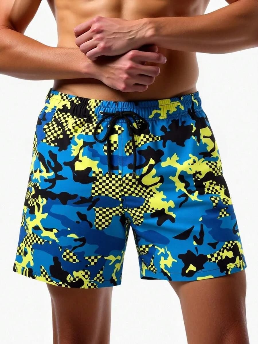 Men's Blue Yellow Camo Checkerboard Print Swim Trunks Quick Dry Breathable Beach Shorts Anti-Wrinkle Drawstring Bathing Suit wit