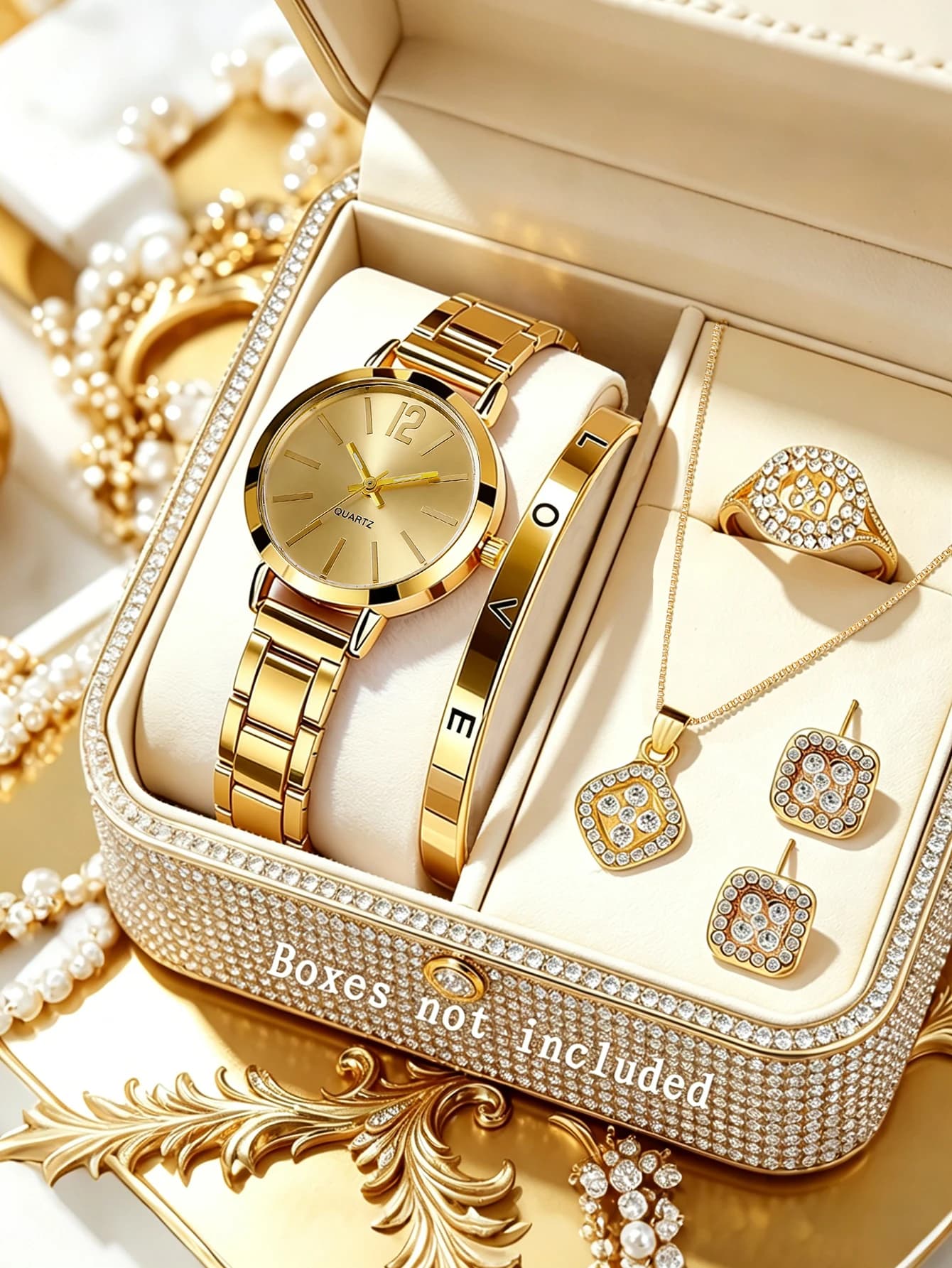 Orologio al quarzo casual da donna alla moda e set di gioielli traforati, adatti per l'uso quotidiano, abiti da festa, regali di compleanno