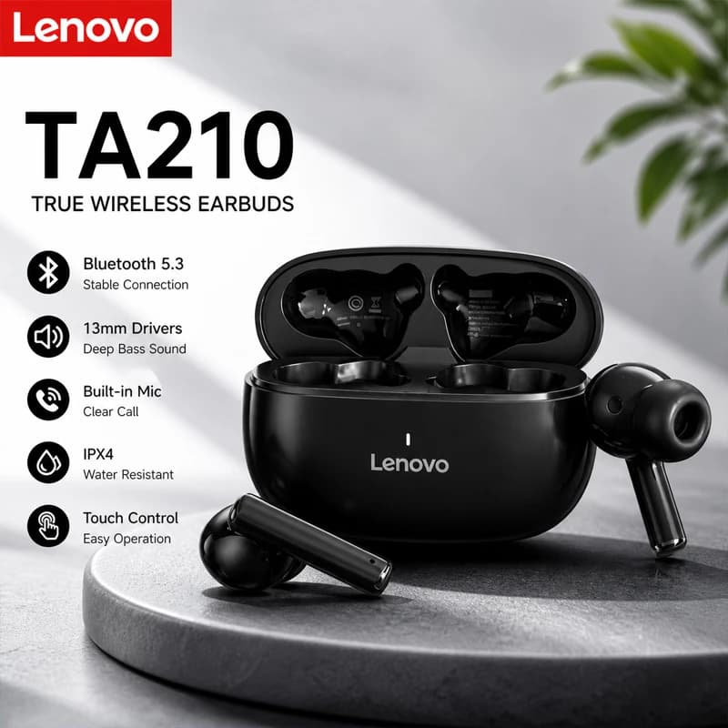 Nuovi Auricolari Bluetooth Wireless Lenovo TA210 5.3 Originali, Cuffie a Bassa Latenza, Chiamate HD, Cuffie da Gaming con Microfono