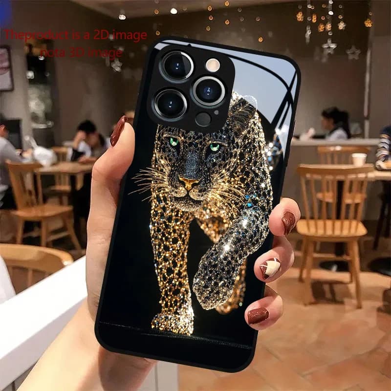 PROTECT Diamond-set Gold Cheetah for iPhone 17/16e/16/15/14/13/12/Max/11/Pro/Plus Luxury Tempered Glass Protective Case