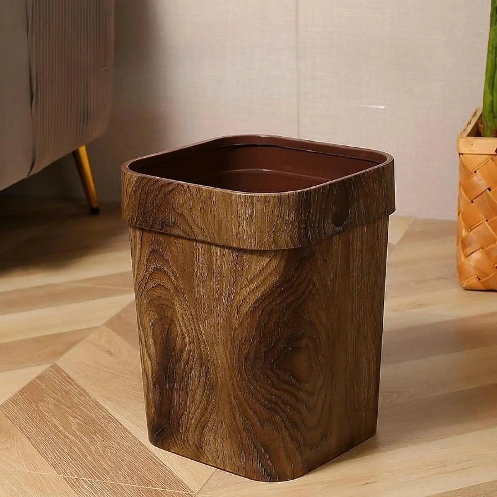 Wastebasket Imitation Wood Grain Trash Can Rectangular Garbage Container Leakproof Trash Bin Paper Basket for Home Bathroom