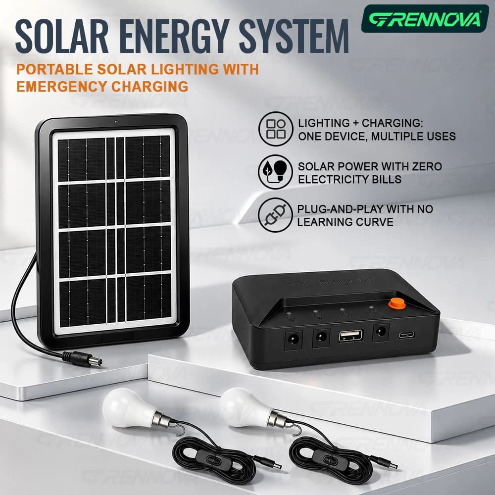 Grennova Portable Complete Solar Power Lighting Kit 2 Independent Switch LED Bulbs USB Charger for Camping Tent Power Outage