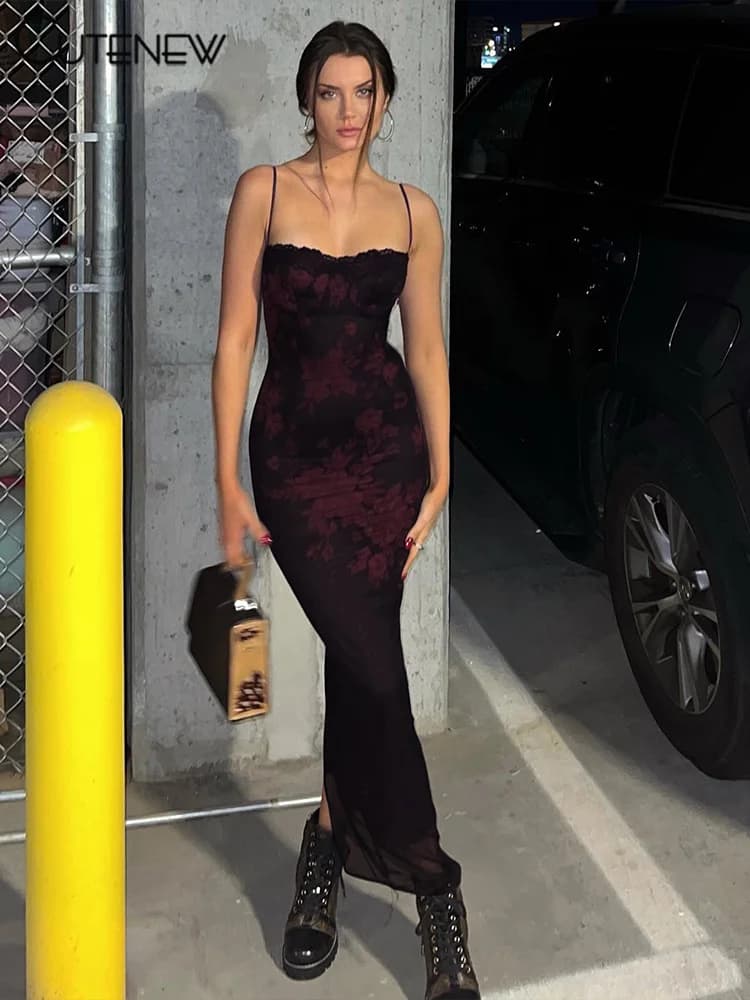 NIBBER Abito lungo da donna in pizzo rosso stampato floreale con cinturino sul petto, sexy, senza schienale, sottile ed elegante, da donna, clubwear