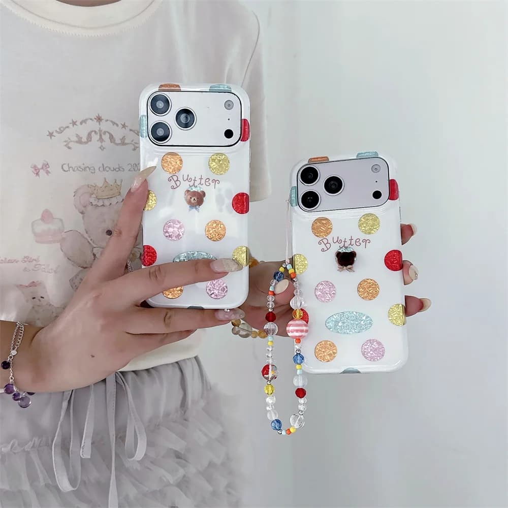 Fashion Laser Dot 3D Bear Phone Case for iPhone 16 17 Pro Max 15 16 17 15 Pro 16 Pro Cover Shockproof Cover with Chain Cute Case
