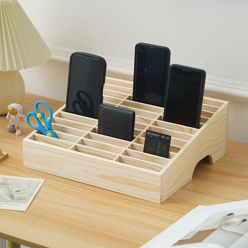 Scatola portaoggetti per telefono Supporto rettangolare per telefono cellulare a 12 griglie Organizzatore da tavolo portatile in legno multiuso per sala conferenze