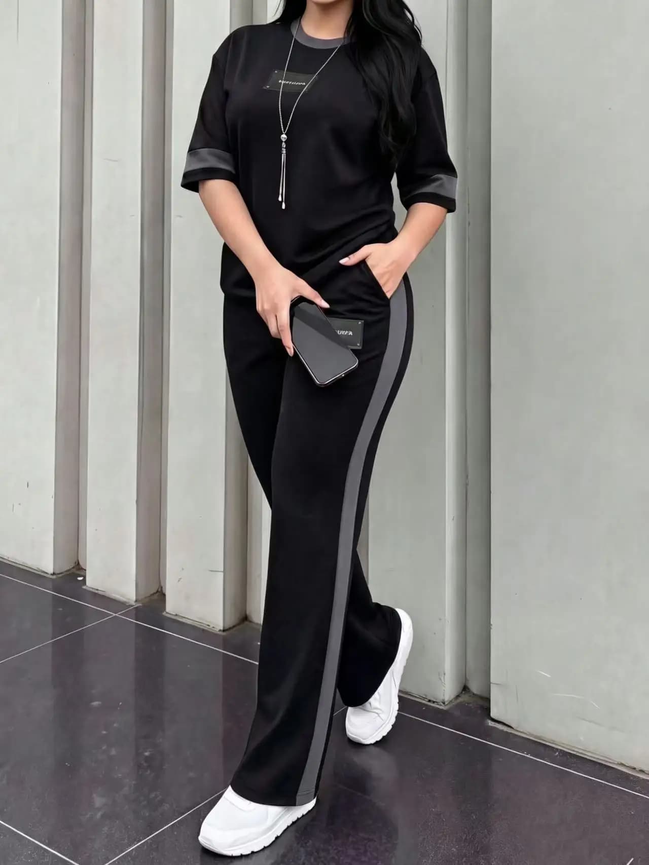Spring/Summer Women's New Round Neck Short-Sleeve T-Shirt Paired with Casual Daily Elastic Waist Loose Long Pants Two-Piece Set