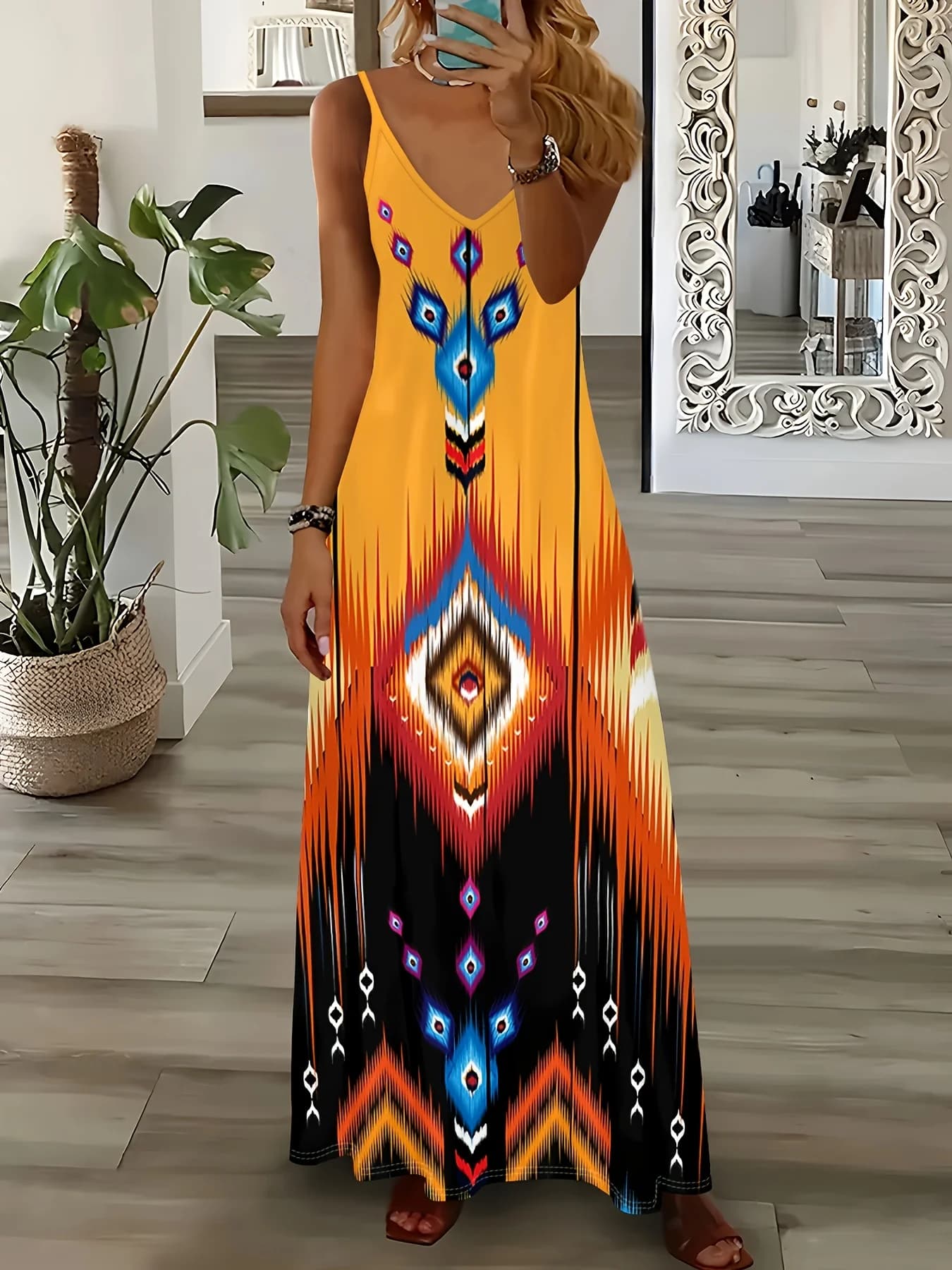 Printed Design Geometric Tribal Animal Print Design Four Seasons elegant style casual style sling dress