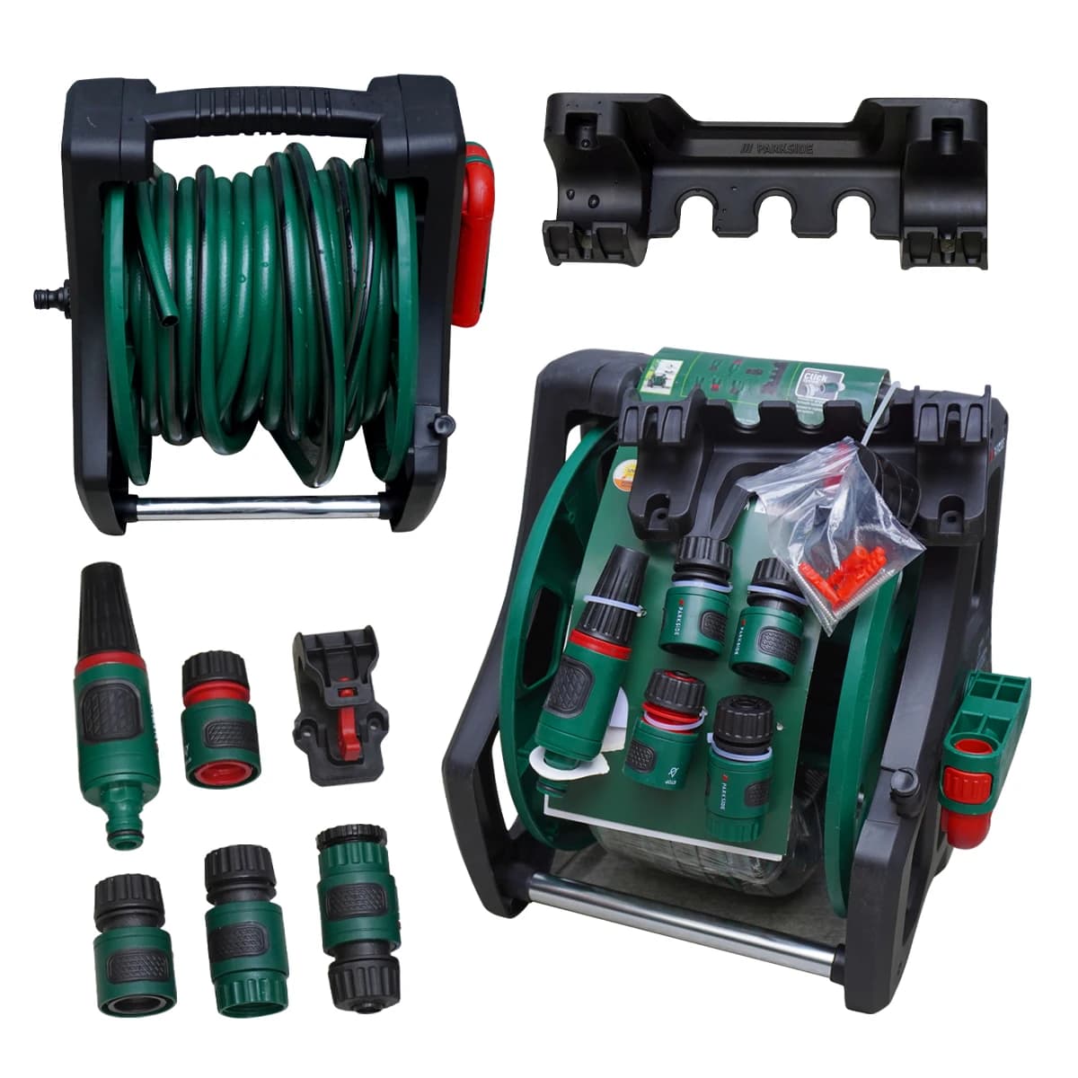 Set di 2 Avvolgitubo da Giardino - Montaggio a Parete 180 ° Supporto Girevole per Tubo con Ugello Spray, Kit Portatile per Irrigazione e Pulizia