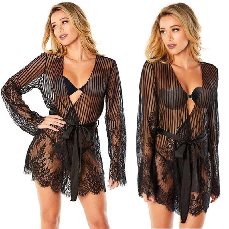 Abito in pizzo Abito a maniche lunghe Lingerie Fantasy Pigiama G-String Pantalone Intimo notte erotico Cosplay Donna BabyDoll Crotchless