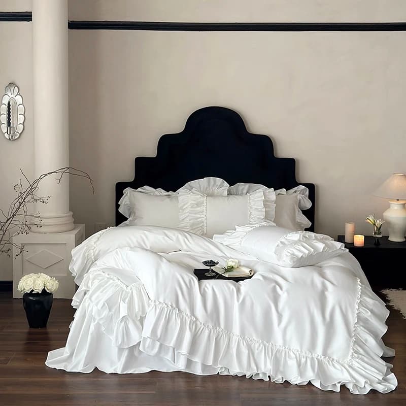 Set di Biancheria da Letto in Cotone Egiziano Bianco Neve, Lussuoso Copripiumino con Volant, Copriletto e Federe per Matrimonio, Arredamento Casa