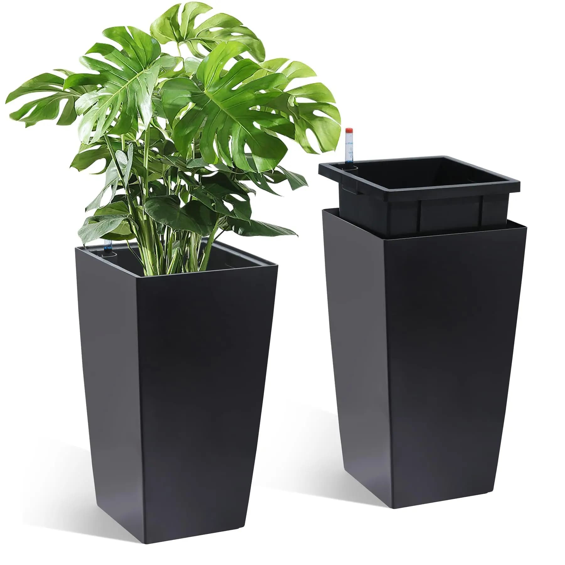 Self-Watering Rectangular Planters Set of 2 – 16" Tall Black Plastic Plant Pots with Drainage Holes, Water Level Monitor, Automatic Watering & Inner Bucket – Modern Indoor Outdoor Use