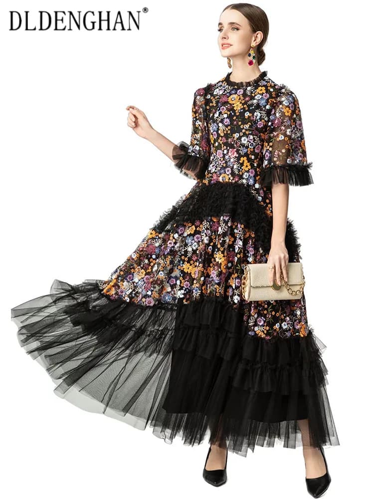 DLDENGHAN Abiti lunghi da donna vintage con scollo a O, maniche a campana, ricami e paillettes, primavera estate, modello ampio a pendolo