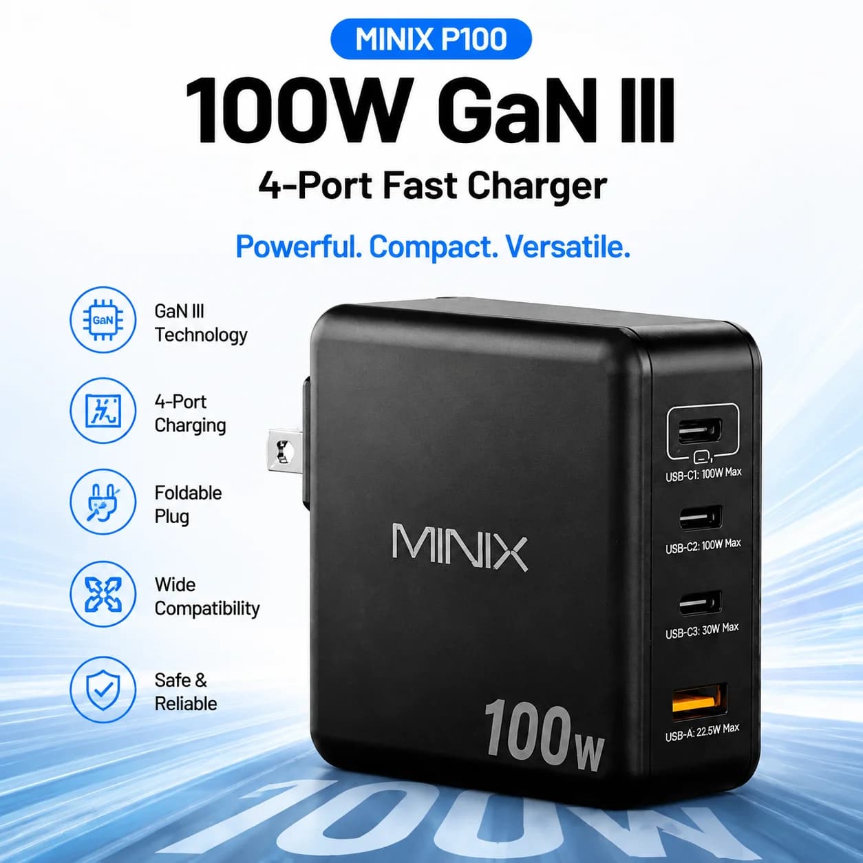 MINIX P100 100W GaN III USB C Charger, 4-Port PD Fast Wall Charger for MacBook Pro Laptop iPhone 17 Galaxy S25, Travel Adapter