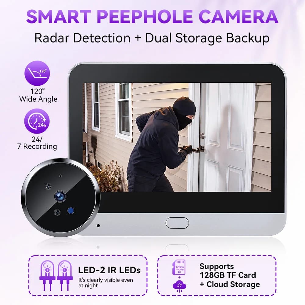 Videocitofono Smart WiFi Tuya da 4,3 Pollici con Telecamera Spioncino 1080P HD, Visione Notturna e Rilevamento Movimento per Sicurezza Domestica