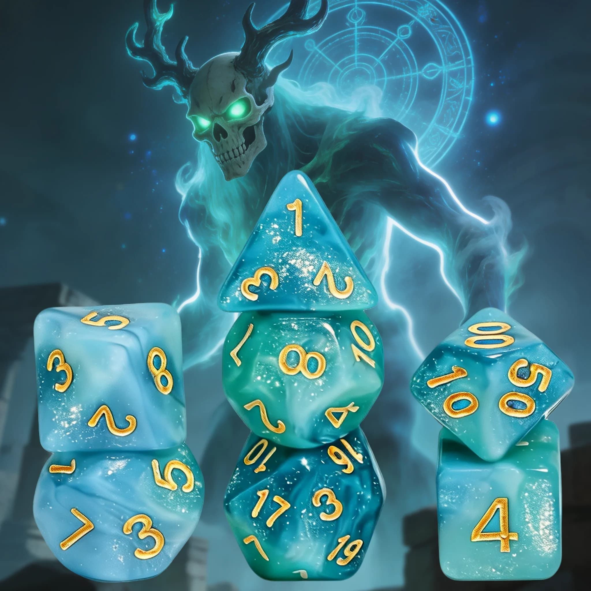 7Pcs Blue Glitter Polyhedral Acrylic Dice Set for DND RPG Role Playing Tabletop Board Games, Ideal for Dungeons & Dragons Gamers