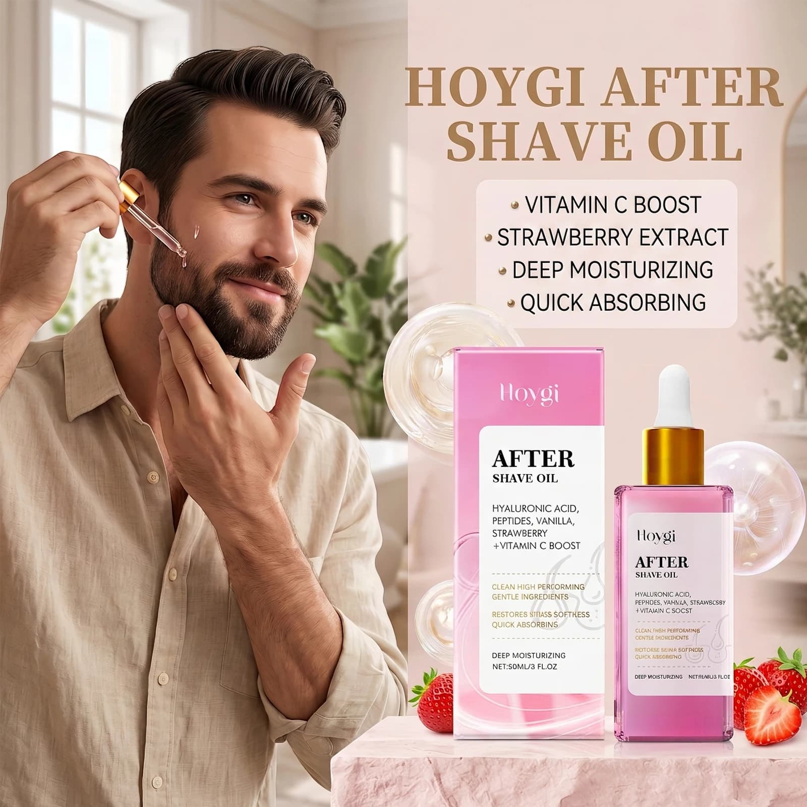 Hoygi Strawberry After Shave Oil Vitamin C Soothing Repair Gentle Moisturizing Nourishing Sensitive Skin Irritation Relief Hair Removal Body Care Serum Essence