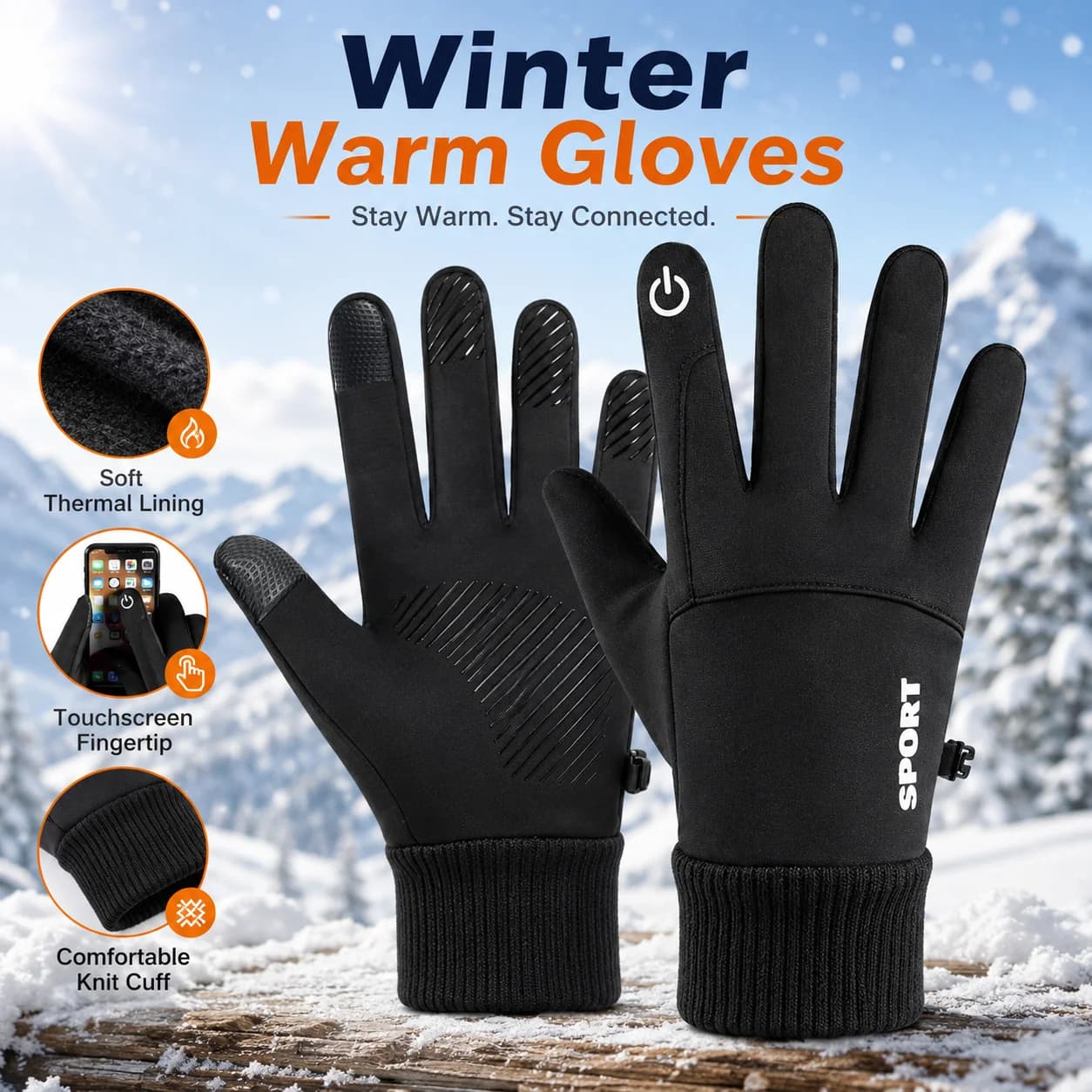 Winter Warm Gloves, Touchscreen Thermal Gloves for Men Women, Skiing Cycling Outdoor Sports, Gray Black Navy Blue