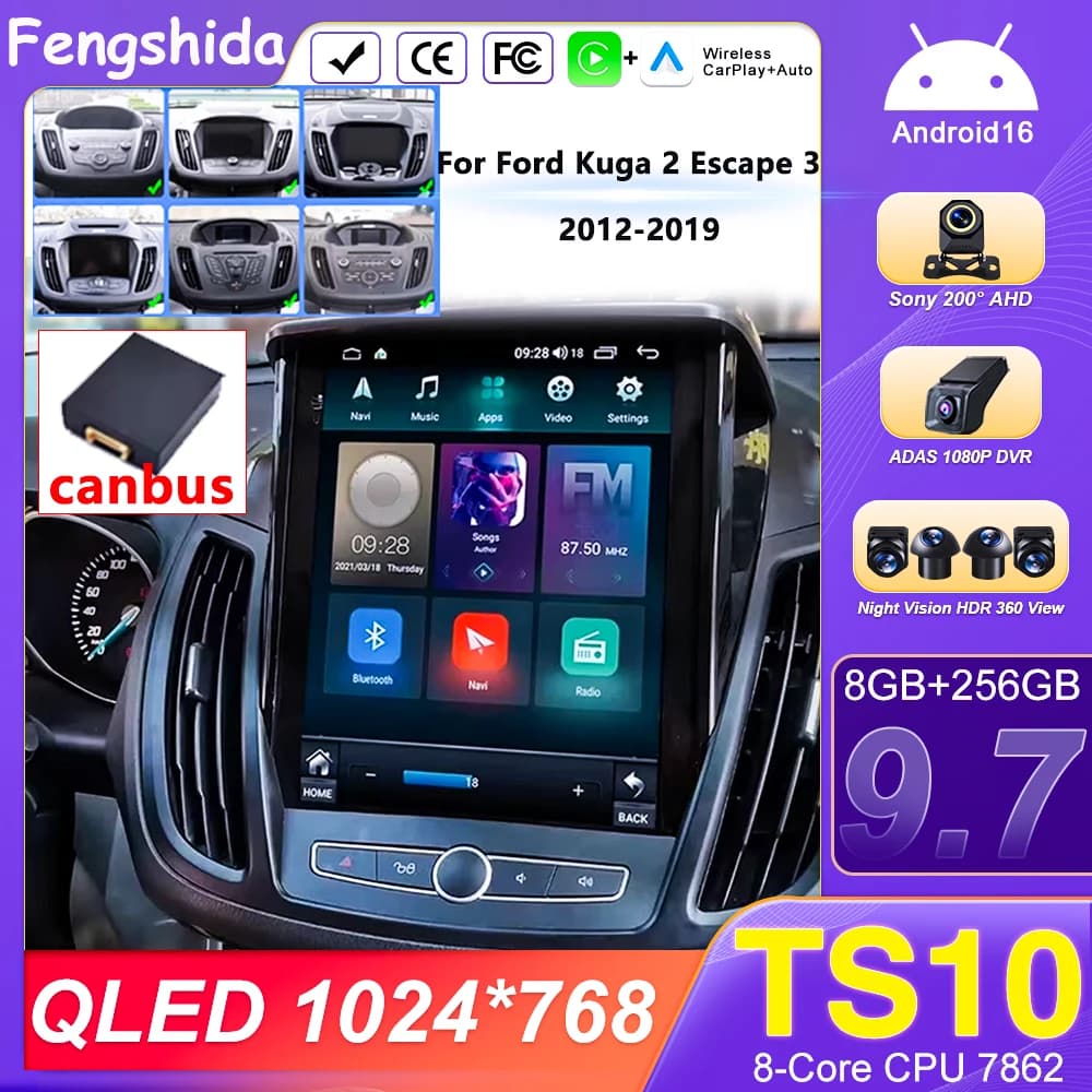 Autoradio for Ford Kuga 2 Escape 3 2012-2019 for Tesla Style Wireless Carplay Screen Android Auto Stereo GPS