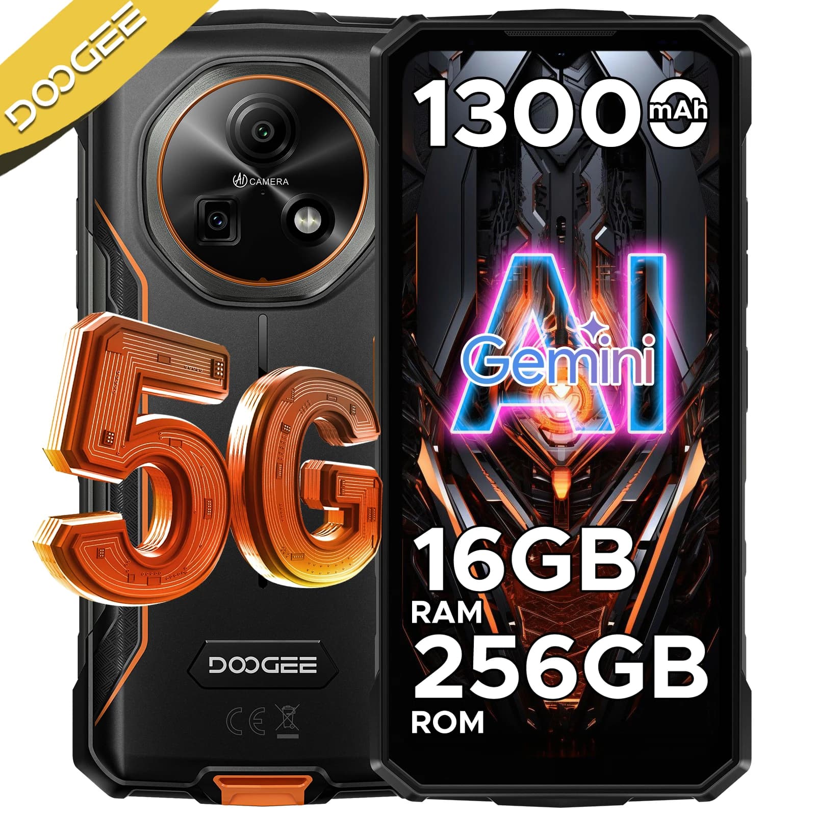 DOOGEE Fire 7 5G Telefono Rugged con Batteria da 13000mAh, Schermo da 6.6'', Android 15, Fotocamera da 64MP, 16GB+256GB, Dimensity 6300, Smartphone NFC