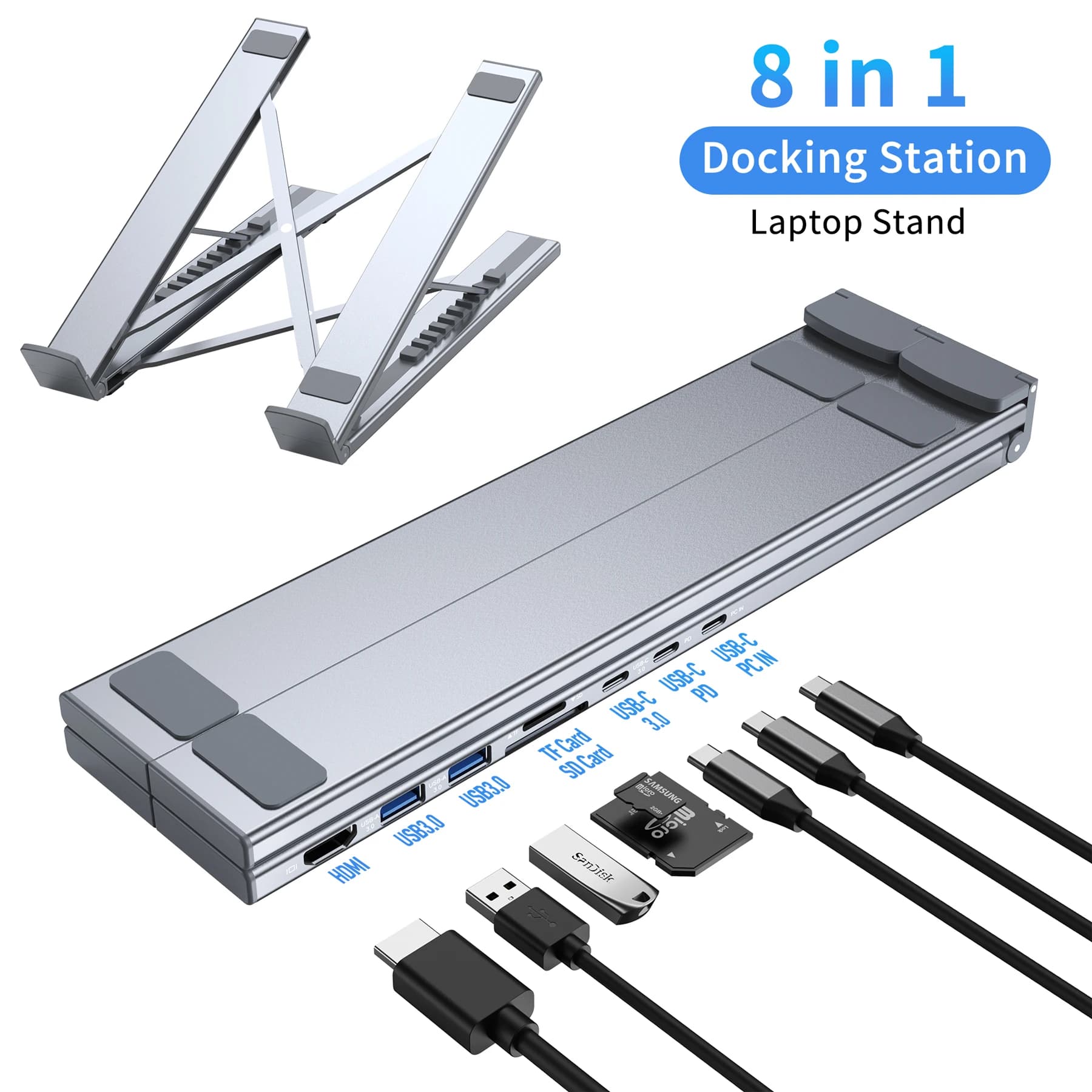 Supporto per docking station per laptop USB C, supporto per tablet dock USB C, hub USB C 8 in 1 con HDMI 4K, 2 USB 3.0, PD 100 W