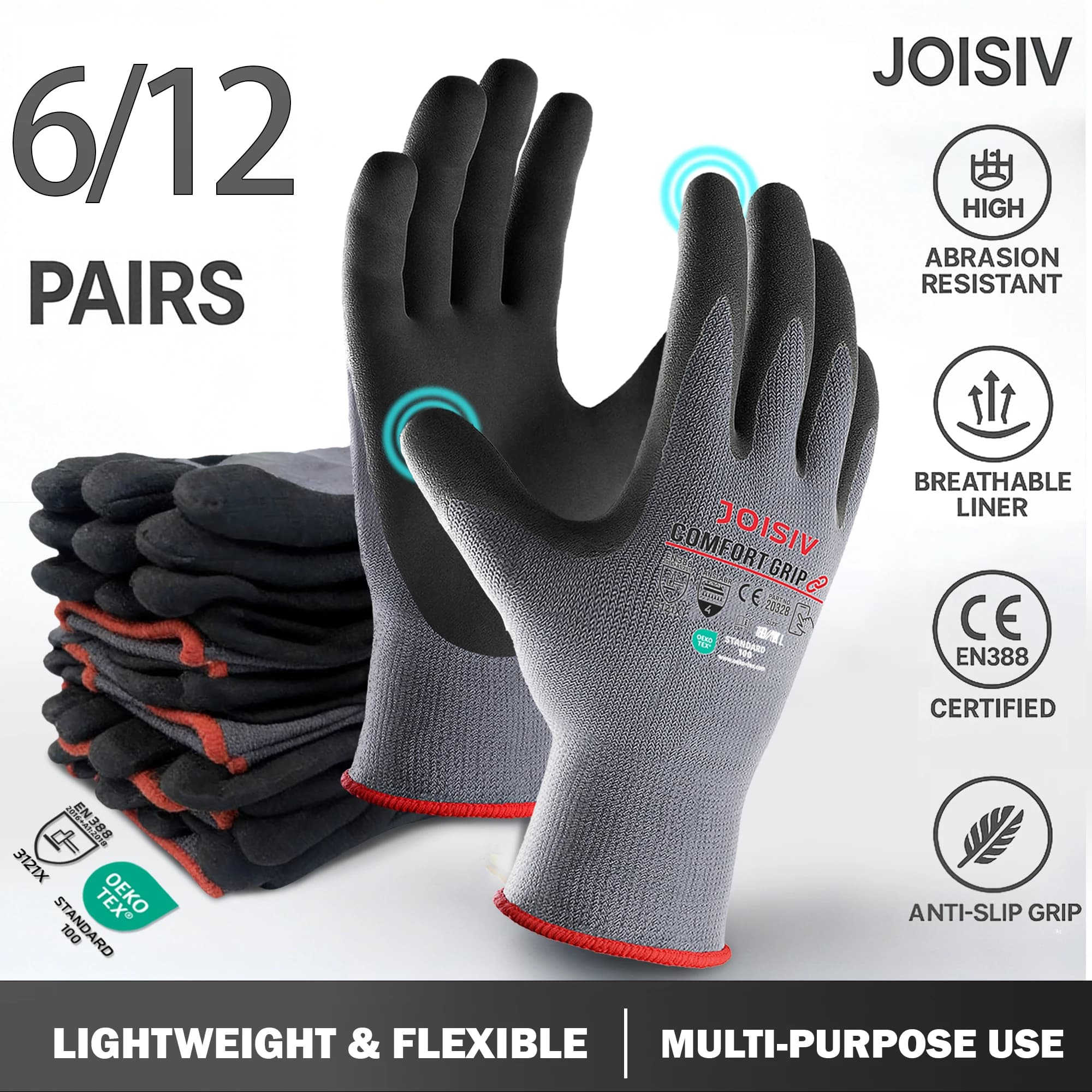 6/12 Paia di Guanti da Lavoro Resistenti Rivestiti in Nitrile, Antiscivolo, Leggeri, Durevoli e Traspiranti per Edilizia, Riparazione Auto, Giardinaggio