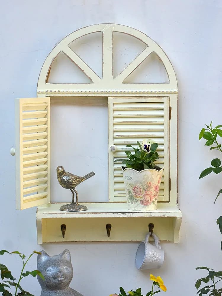 Supporto per vasi da fiori, scaffale portaoggetti ad arco per finestra, mensola in legno effetto finestra, decorazione rustica da appendere per cucina e giardino