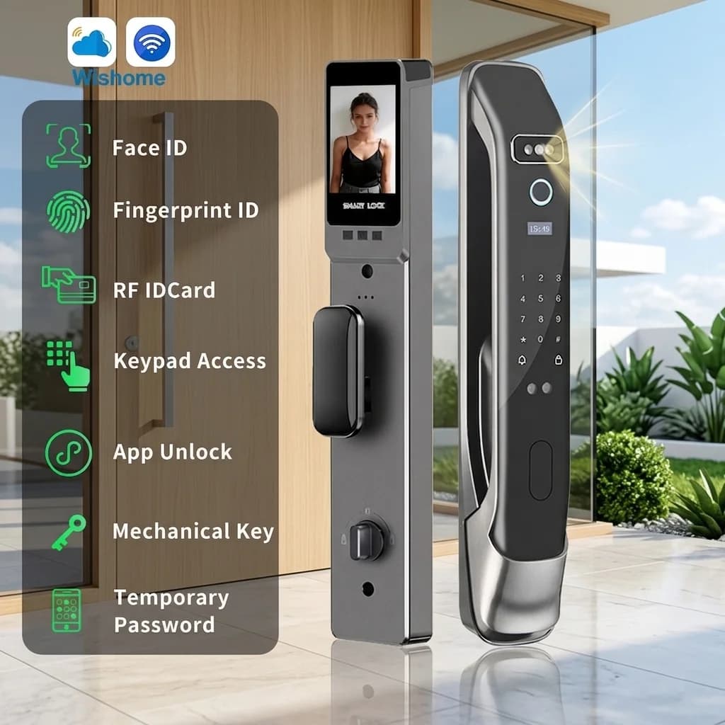 Serratura Intelligente WisHome con Riconoscimento Facciale 3D, Telecamera 6068, Sblocco Remoto, Impronta Digitale, Password, Carta IC, Chiave, 9 Lingue, Sicurezza