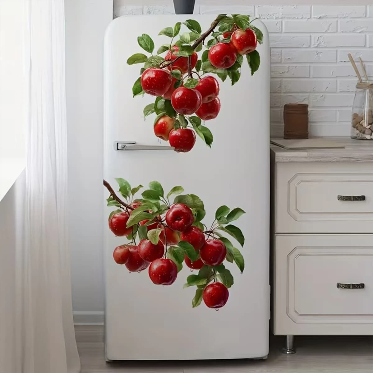 Magnete per Frigorifero 3D a Forma di Mela Rossa, Adesivo Murale in Vinile Impermeabile, Motivo Ramo di Mela, Adatto per Decorazione Cucina e Casa