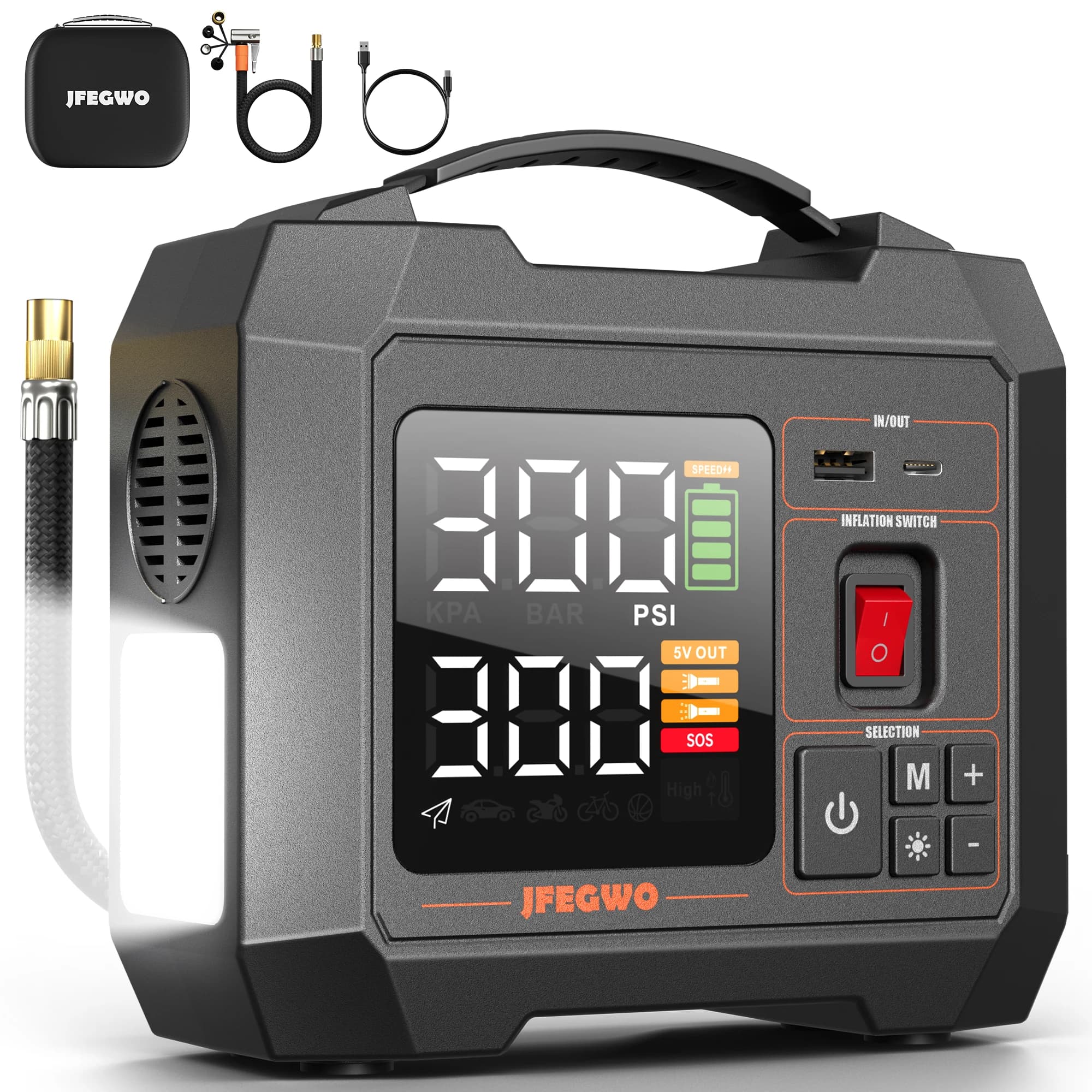 JFEGWO Gonfiatore Pneumatici Portatile 300PSI per Auto, Pompa ad Aria Veloce 60L/Min con Display Digitale Intelligente, Power Bank, Luce LED e Funzione Auto-Off